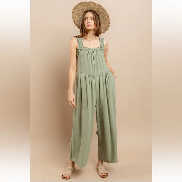 18 Solid Ruffle Strap Wide Leg Jumpsuit - Picture 6 of 9